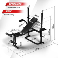 Physionics® Multifunctional Weight Bench with Shelf, Butterfly, Sit-Ups, Leg Extender, Backrest 4-Way Adjustable, Max. 255 kg -