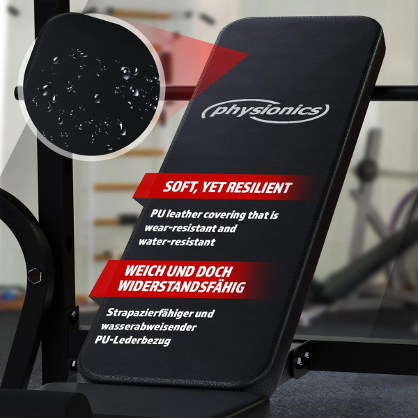 Physionics® Multifunctional Weight Bench with Shelf, Butterfly, Sit-Ups, Leg Extender, Backrest 4-Way Adjustable, Max. 255 kg -