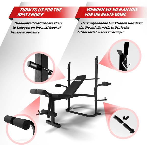Physionics® Multifunctional Weight Bench with Shelf, Butterfly, Sit-Ups, Leg Extender, Backrest 4-Way Adjustable, Max. 255 kg -