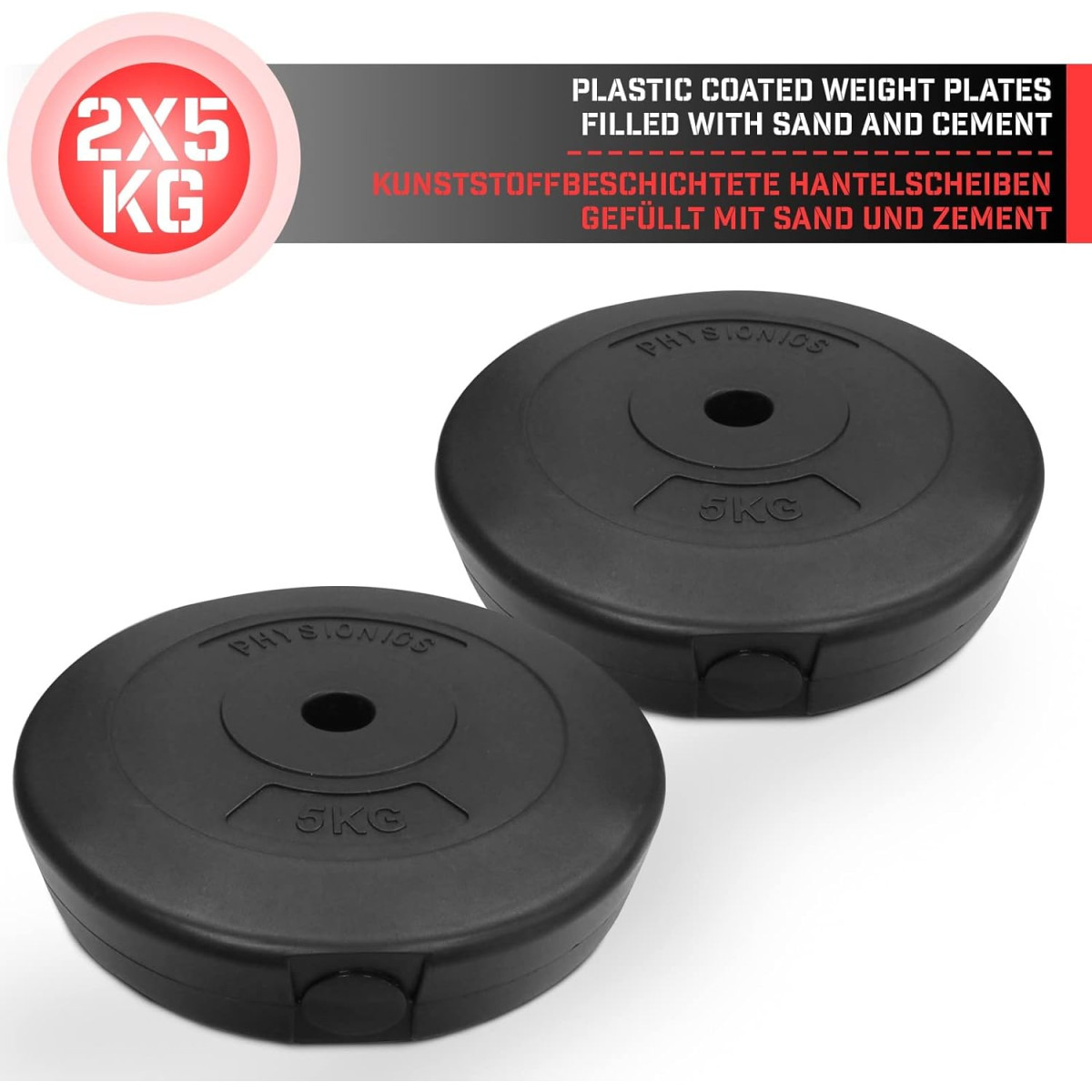 Physionics® Weight Plates - Available Sets (2 kg / 2.5 kg / 5 kg / 7.5 kg / 10 kg), Diameter 27 mm, Plastic, Black - Weights Physionics® Weight Plates - Available Sets (2 kg / 2.5 kg / 5 kg / 7.5 kg / 10 kg), Diameter 27 mm, Plastic, Black - Weights