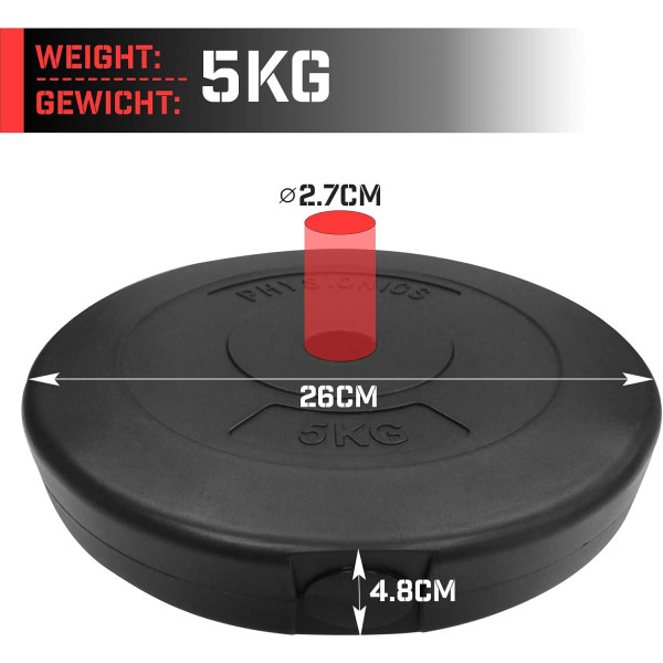 Physionics® Weight Plates - Available Sets (2 kg / 2.5 kg / 5 kg / 7.5 kg / 10 kg), Diameter 27 mm, Plastic, Black - Weights