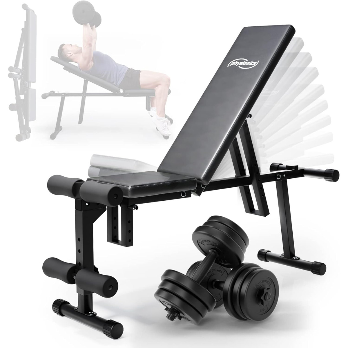 Physionics® Multifunctional Weight Bench + Dumbbell Set 40 kg - Adjustable, Foldable, Includes 12 Plastic Weights - Incline
