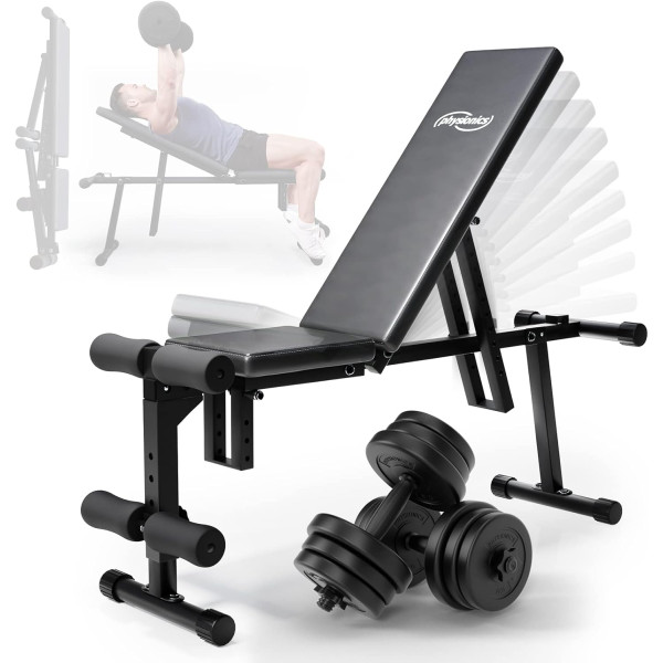 Physionics® Multifunctional Weight Bench + Dumbbell Set 40 kg - Adjustable, Foldable, Includes 12 Plastic Weights - Incline