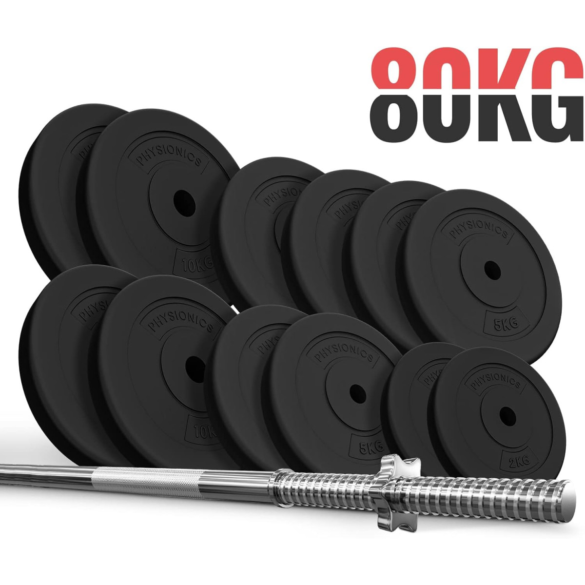 Physionics® Barbell Set - Barbell 120/165/180 cm, Steel, Weight Plates (Diameter 30/31 mm) 20/30/60/80/100 kg, Spinlock Collars Physionics® Barbell Set - Barbell 120/165/180 cm, Steel, Weight Plates (Diameter 30/31 mm) 20/30/60/80/100 kg, Spinlock Collars