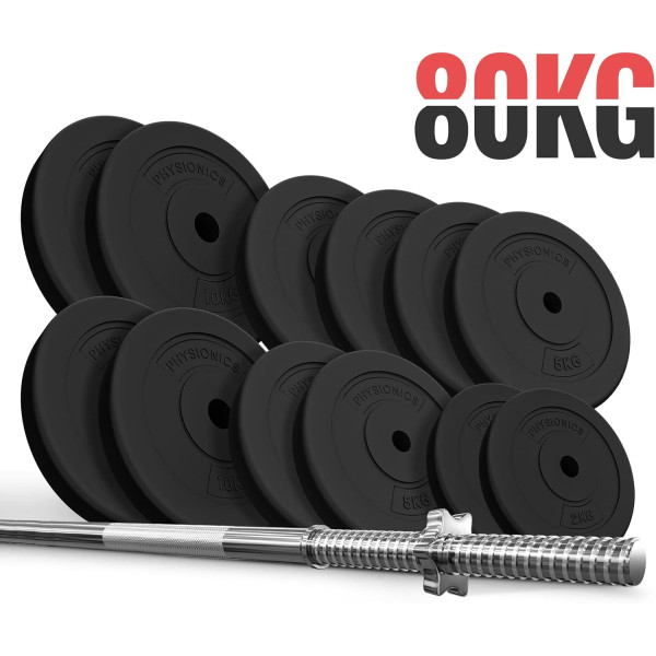 Physionics® Barbell Set - Barbell 120/165/180 cm, Steel, Weight Plates (Diameter 30/31 mm) 20/30/60/80/100 kg, Spinlock Collars