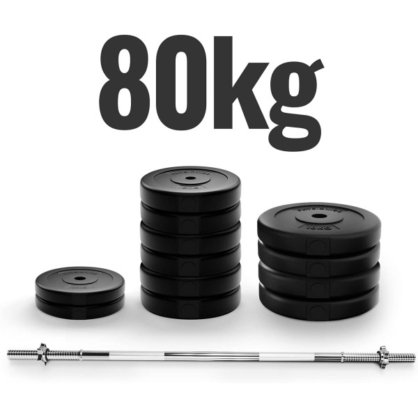 Physionics® Barbell Set - Barbell 120/165/180 cm, Steel, Weight Plates (Diameter 30/31 mm) 20/30/60/80/100 kg, Spinlock Collars