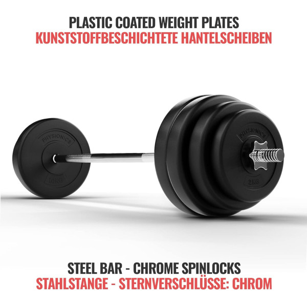 Physionics® Barbell Set - Barbell 120/165/180 cm, Steel, Weight Plates (Diameter 30/31 mm) 20/30/60/80/100 kg, Spinlock Collars