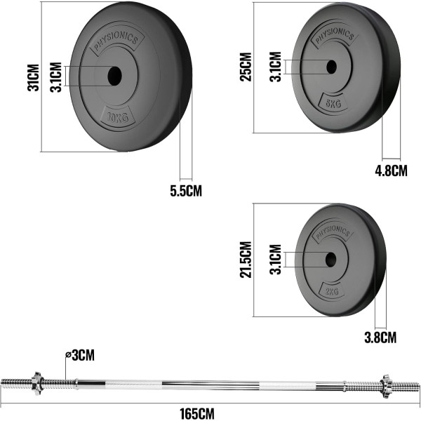 Physionics® Barbell Set - Barbell 120/165/180 cm, Steel, Weight Plates (Diameter 30/31 mm) 20/30/60/80/100 kg, Spinlock Collars