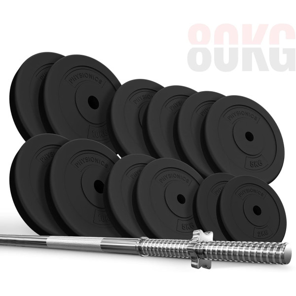 Physionics® Barbell Set - Barbell 120/165/180 cm, Steel, Weight Plates (Diameter 30/31 mm) 20/30/60/80/100 kg, Spinlock Collars