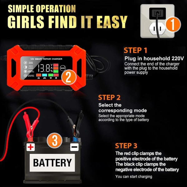 12V Smart Automatic Car Battery Charger Jump Starter Pulse Repair LCD Display