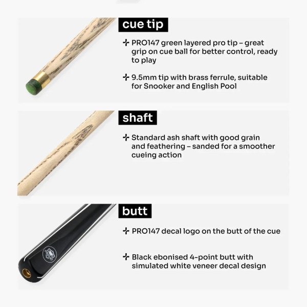 3/4 Piece 57 Inch Ash Shaft Snooker Cue Set with Case and Mini Butt + 9.5mm Tip