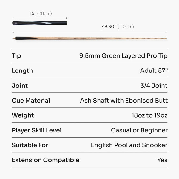 3/4 Piece 57 Inch Ash Shaft Snooker Cue Set with Case and Mini Butt + 9.5mm Tip