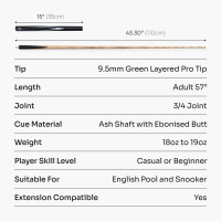 3/4 Piece 57 Inch Ash Shaft Snooker Cue Set with Case and Mini Butt + 9.5mm Tip