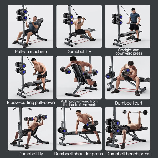 9 In 1 Foldable Adjustable Weight Bench Fitness Home Equipment with Barbell Rack